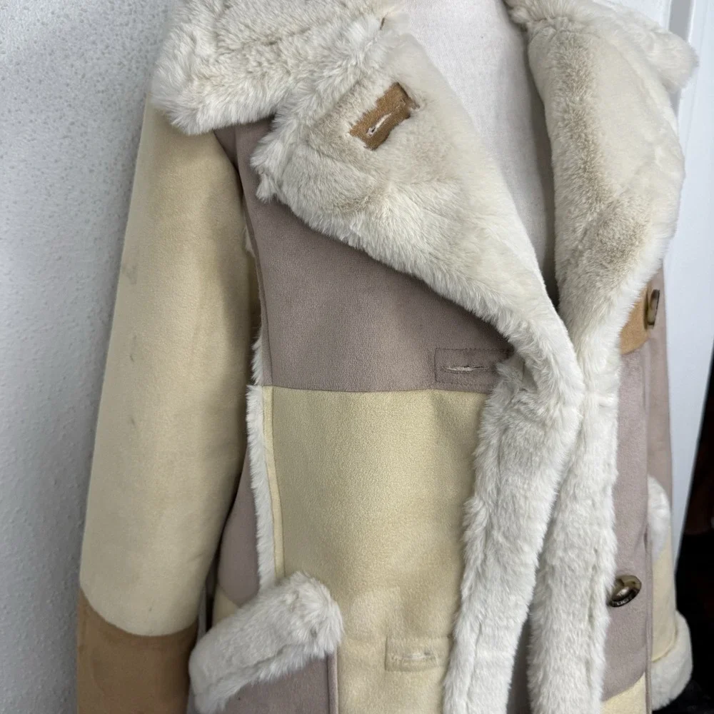 Hollister Faux Shearling Coat Patchwork Tan/ Cream Panels Size XS Women's
